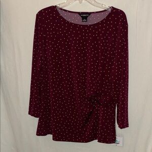Liz Claiborne Burgundy Long Sleeve Polka Dot Top with Side Knot Detail
